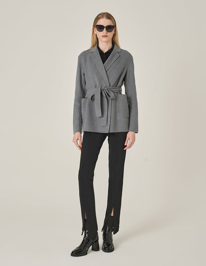 MARYLING Notched Lapel Wrap Belted Double-Faced Wool Coat