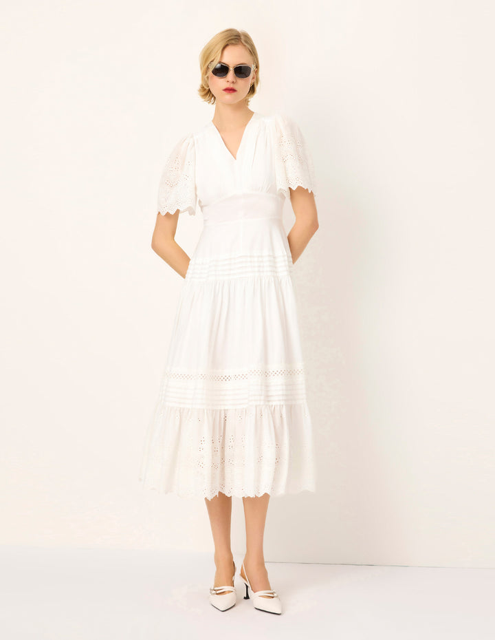 MARYLING V-Neck Short-Sleeve Lace Empire-Waist Flounce Midi Dress