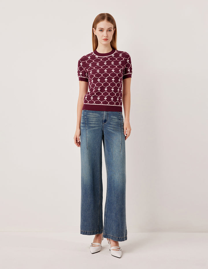 MARYLING Round Neck Short-Sleeve Woven Knitted Top