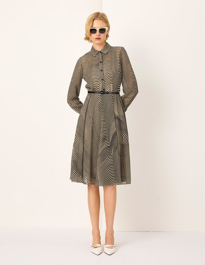 MARYLING Black Striped Print Midi Shirt Dress