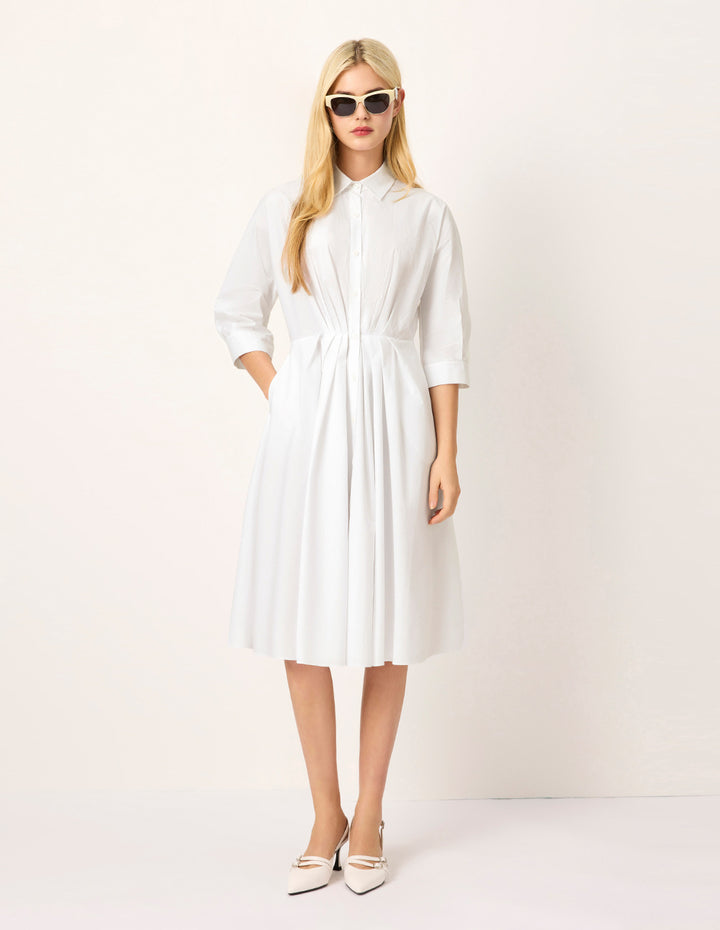 MARYLING Batwing-Sleeve Pleated Waist Midi Shirt Dress