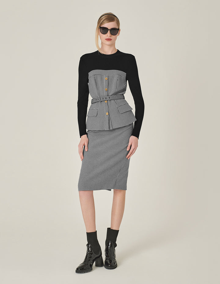 MARYLING Houndstooth Patchwork Knitted Top With Belt