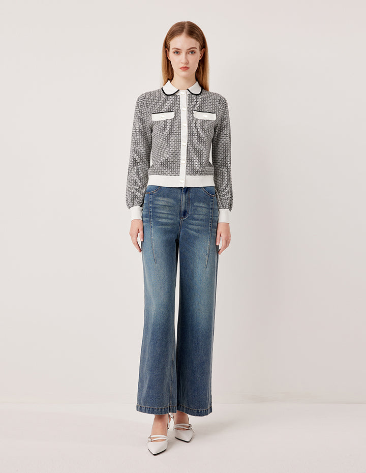 MARYLING Round Neck Long-Sleeve Houndstooth with 2 Pockets Knit Cardigan