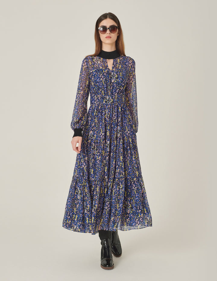 MARYLING Stand Collar Georgette Printed Pleated Mid-Length Dress