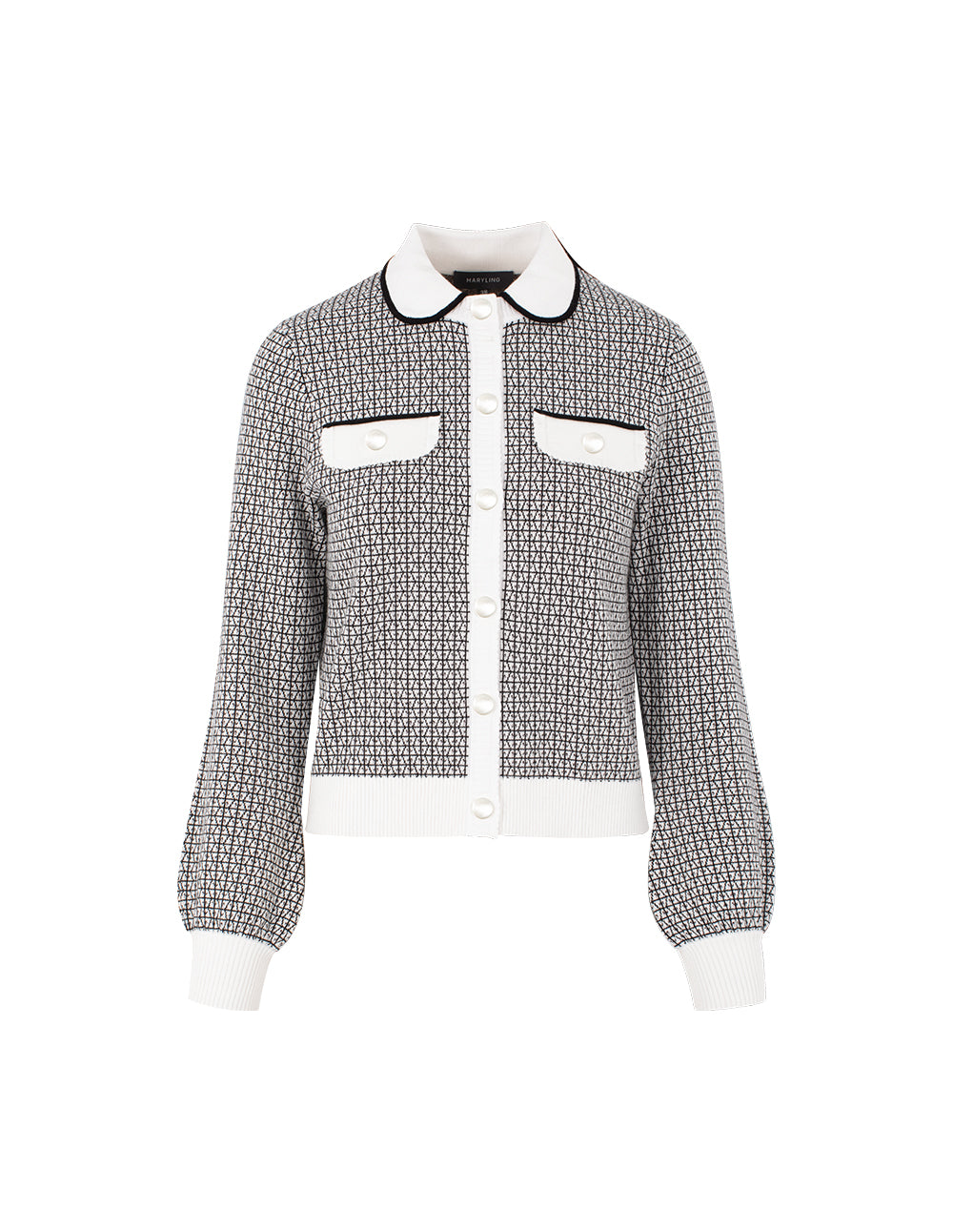 MARYLING Round Neck Long-Sleeve Houndstooth with 2 Pockets Knit Cardigan