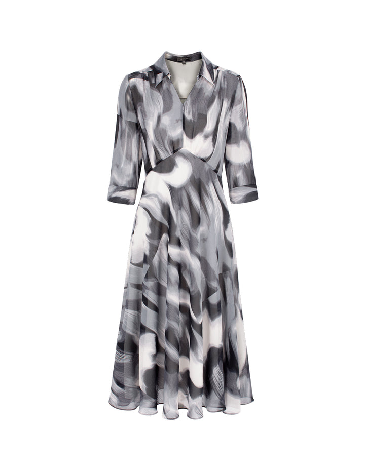 MARYLING Lapel Half-Sleeve Empire-Waist Ink Print Pleated Mid Shirt Dress