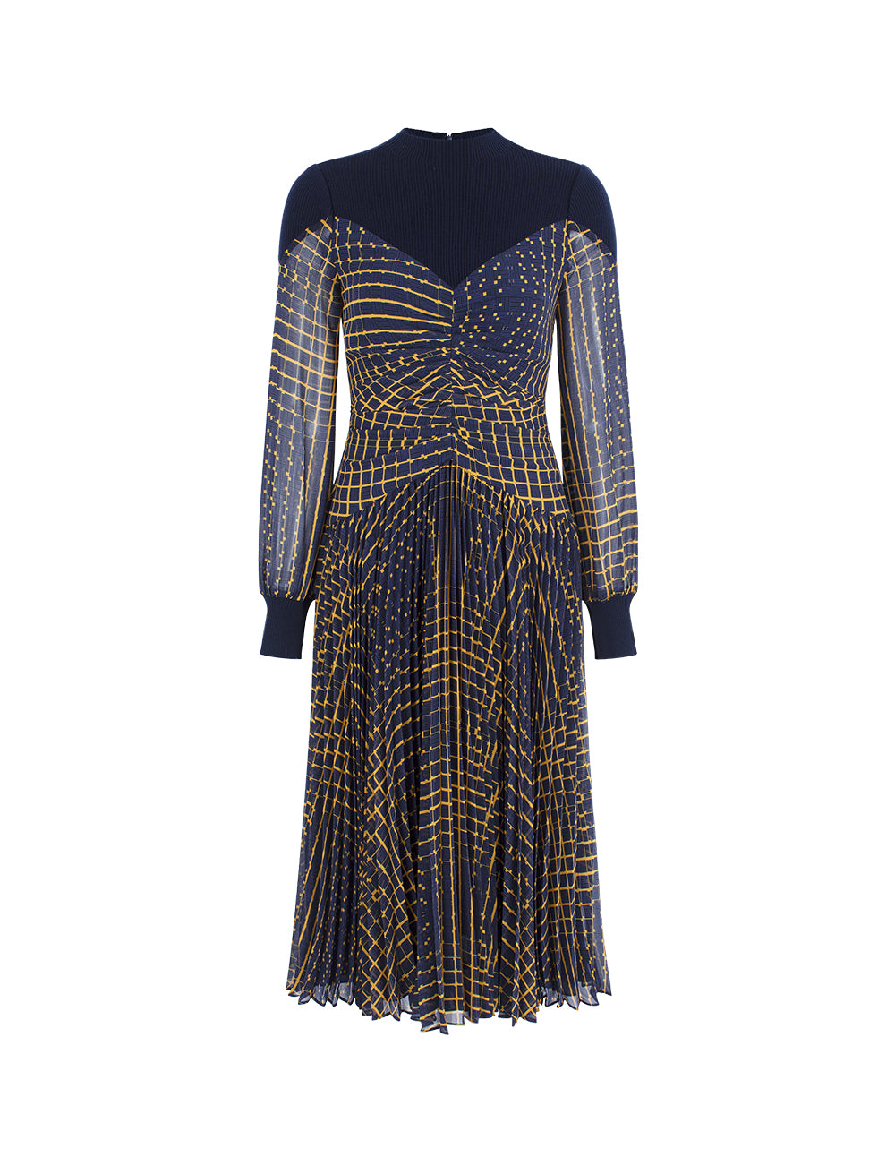 MARYLING Round Neck Knit Patchwork Plaid Pleated Midi Dress