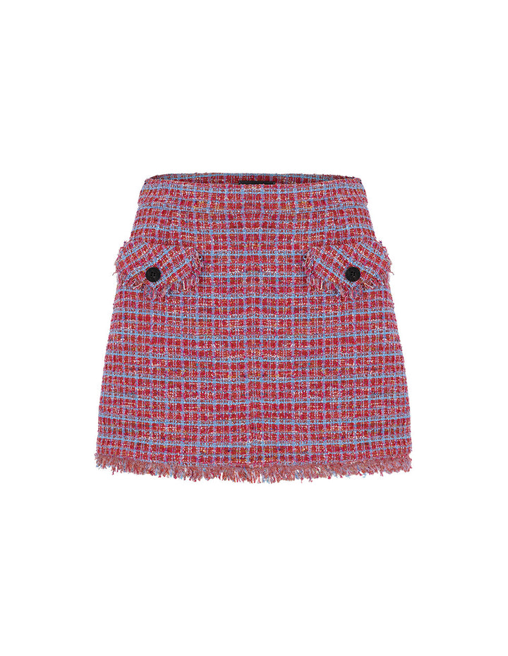 MARYLING Pink Blue Plaid Tweed Mini A Line Skirt