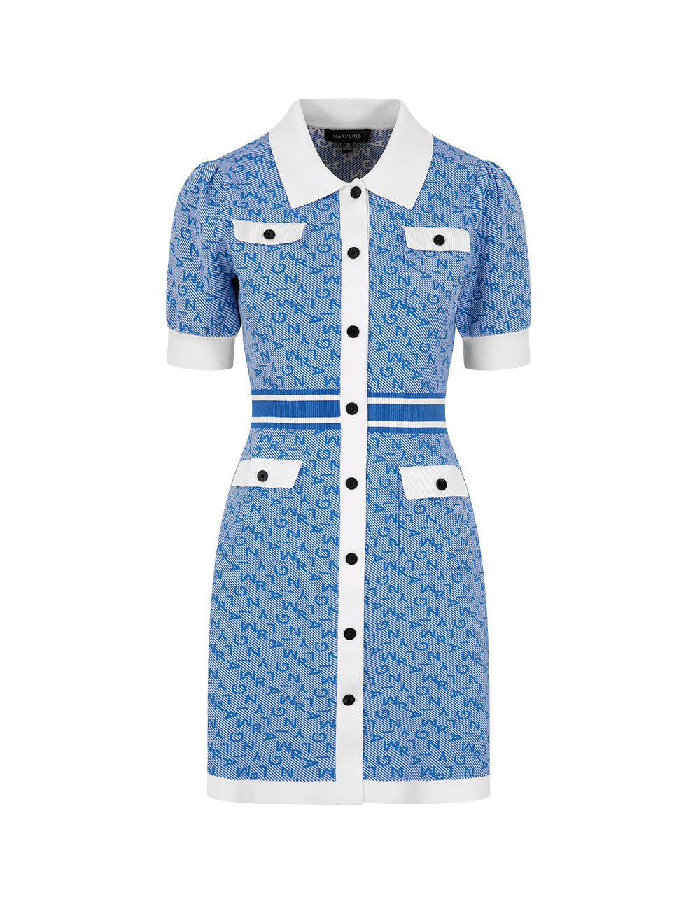 MARYLING Denim Blue T-Shirt Collar Jacquard Knitted Dress