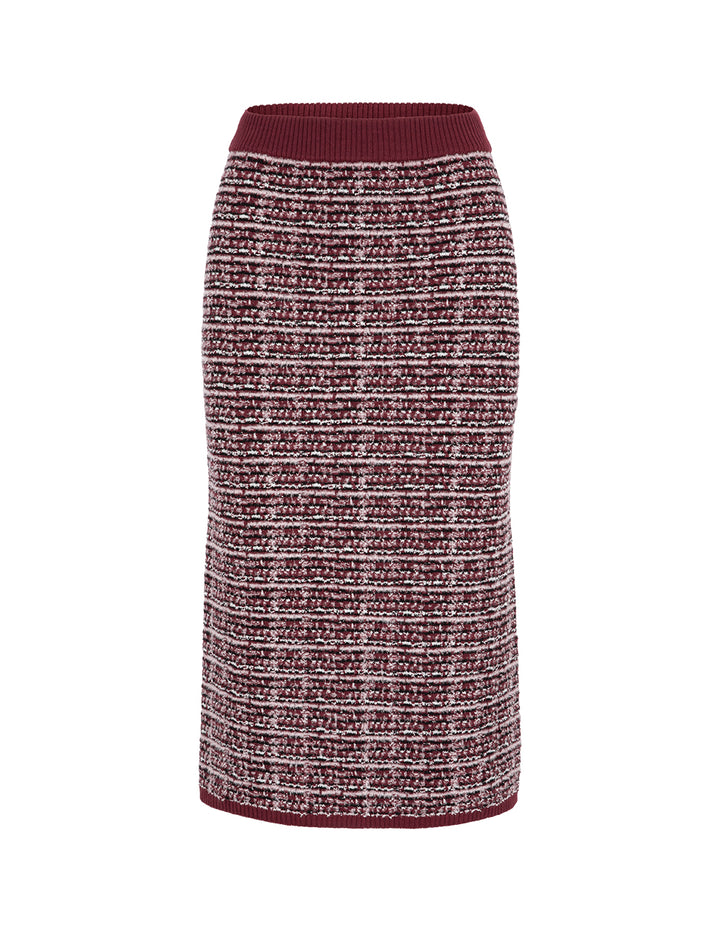 MARYLING Red & Black Plaid Imitation Tweed Knitted Knee-Length Straight Skirt