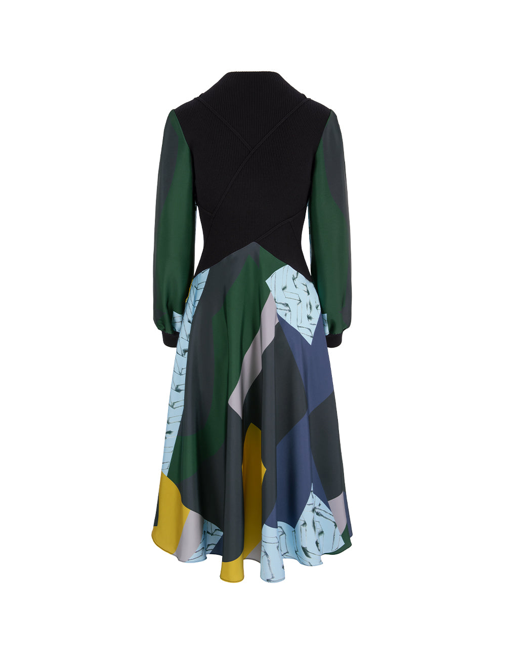 MARYLING High-Neck Shoulder-Cutout Puff-Sleeve Printed Patchwork Knitted Midi Dress