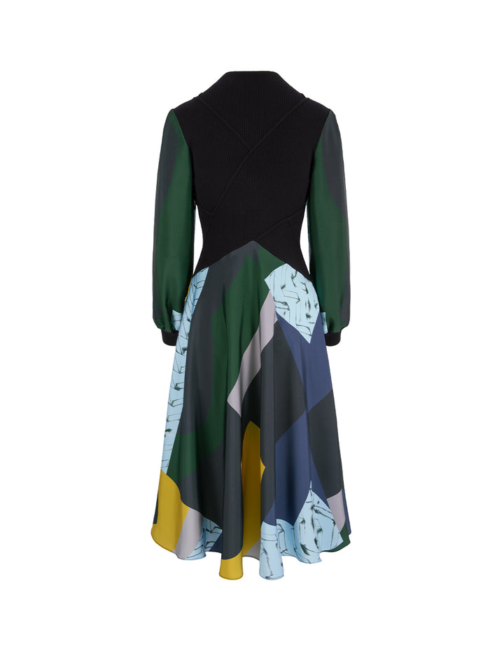 MARYLING High-Neck Shoulder-Cutout Puff-Sleeve Printed Patchwork Knitted Midi Dress