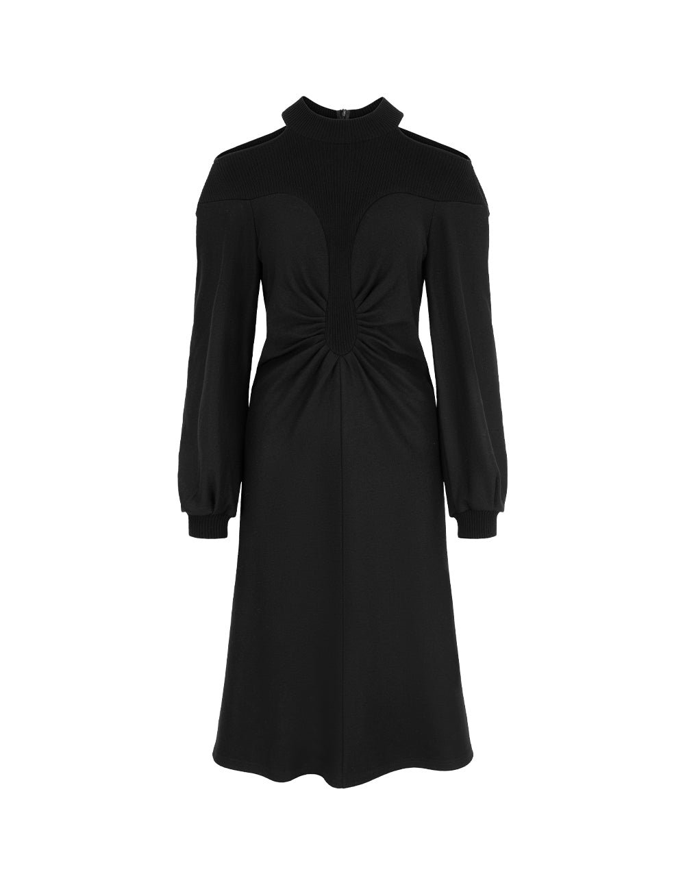 MARYLING Off-Shoulder Long Sleeve Patchwork Knit Wool Pleated Midi Dress