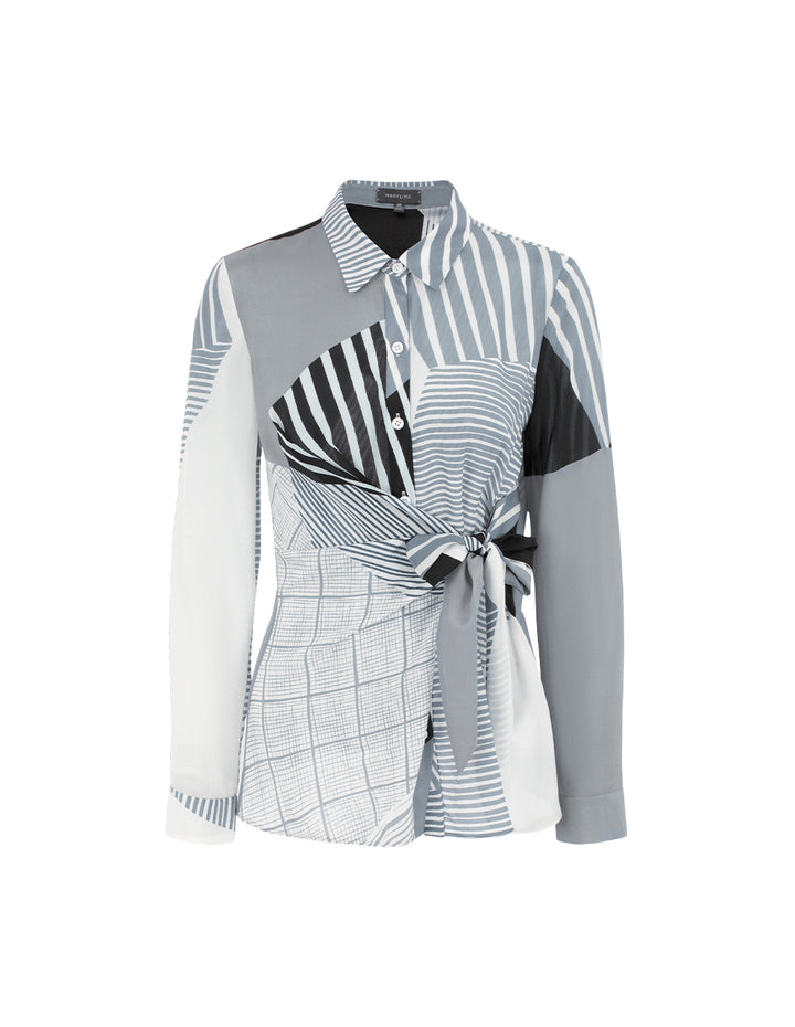 MARYLING Lapel Long-Sleeve Striped Print Silk Blouse