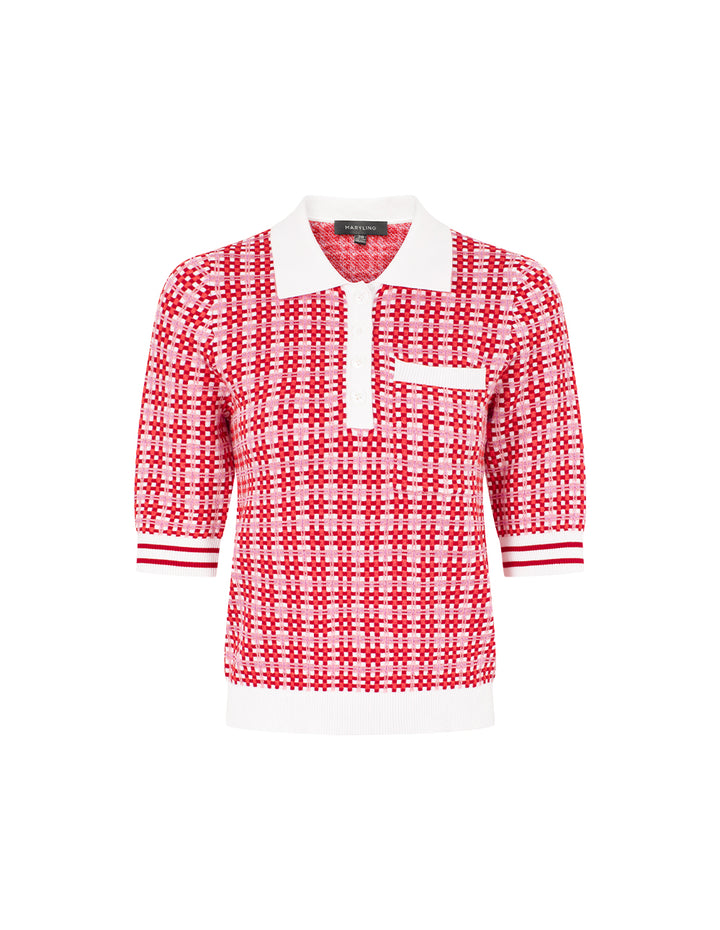 MARYLING Peter Pan Collar Red & White Checkered Short-Sleeves Sweater