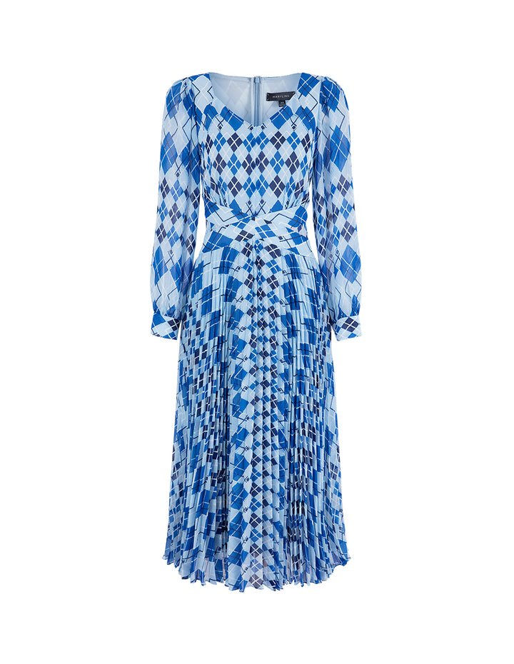 MARYLING Blue And White Diamond Plaid V-Neck A-Hem Dress