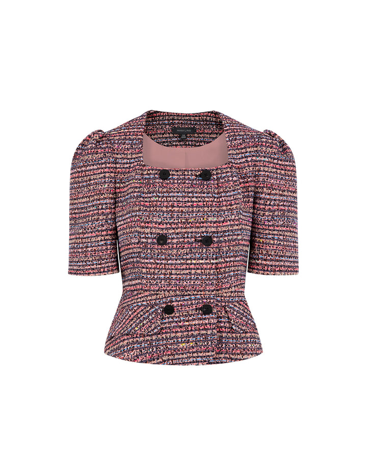 MARYLING Pink Striped Square Collar Tweed Jacket