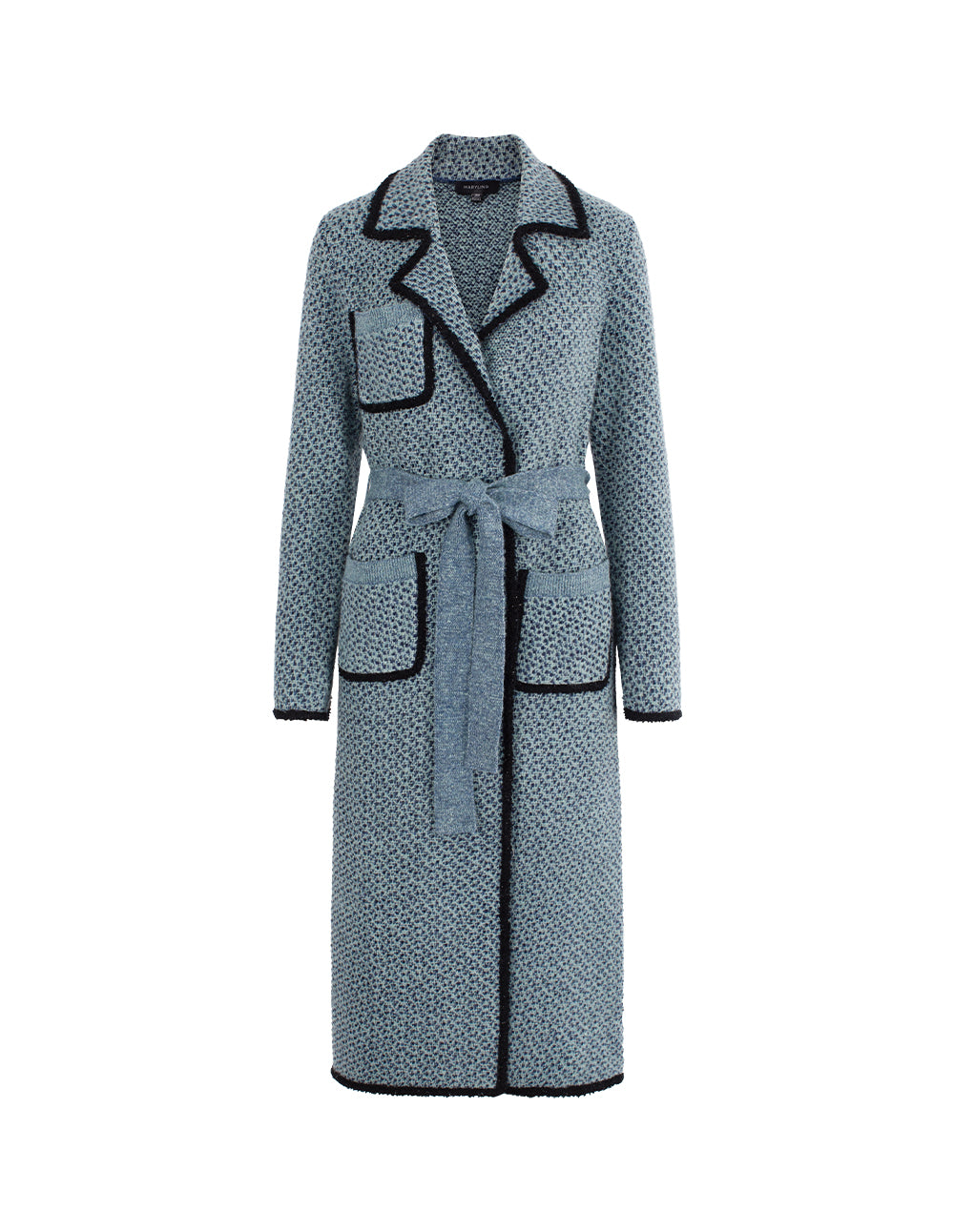 MARYLING Peaked Lapel Black Trim Wrap Long Knit Cardigan with Belt