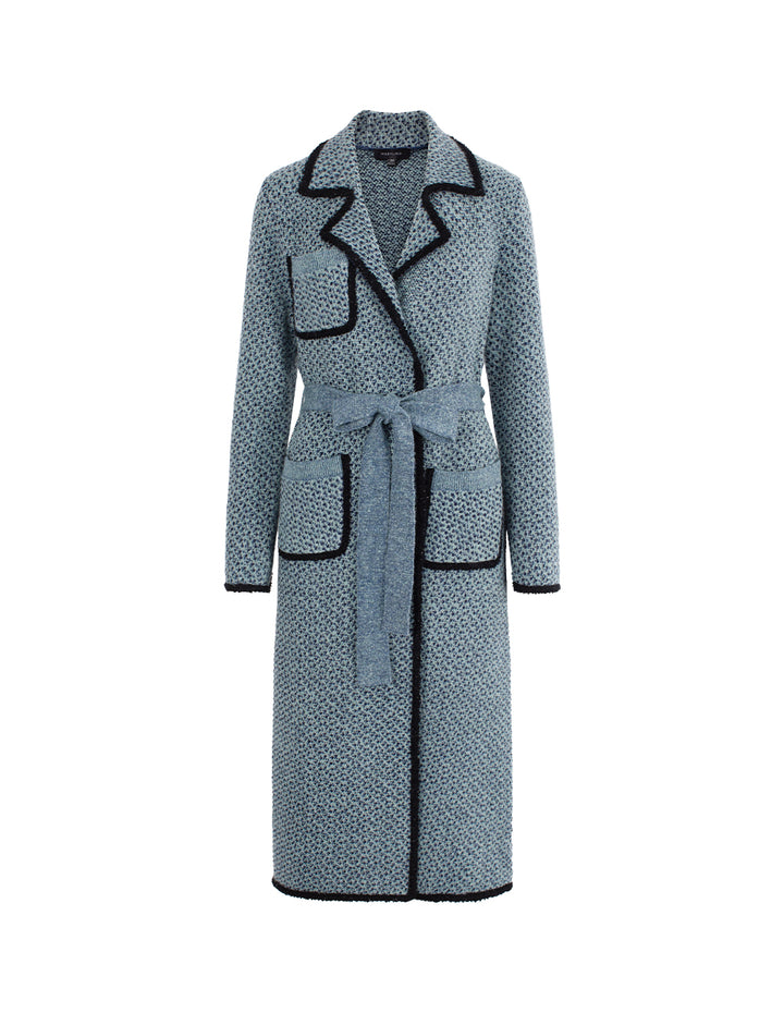 MARYLING Peaked Lapel Black Trim Wrap Long Knit Cardigan with Belt