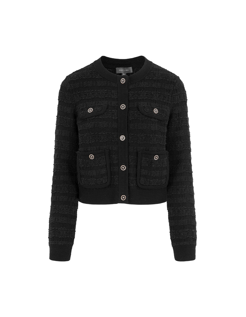 MARYLING Black Round Neck Dark Texture Cropped Knitted Cardigan