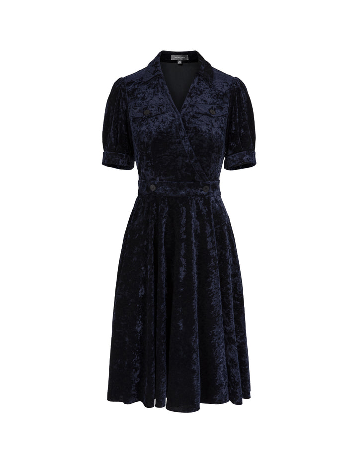 MARYLING V-Neck Short Sleeve Dark Blue Wrap Dress