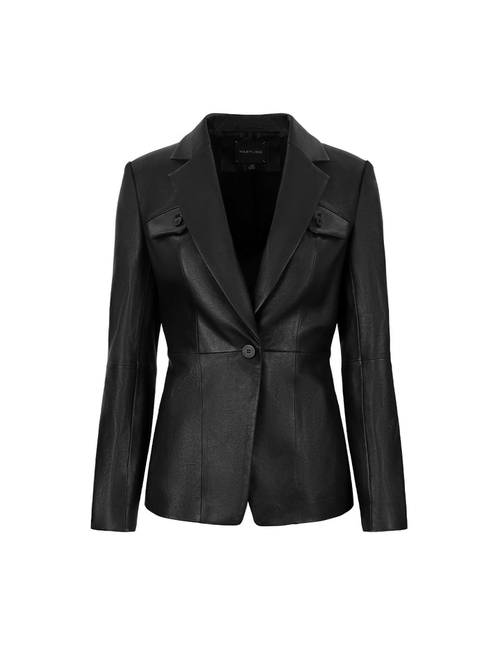 MARYLING Notch Lapel Single-Breasted Lambskin Blazer