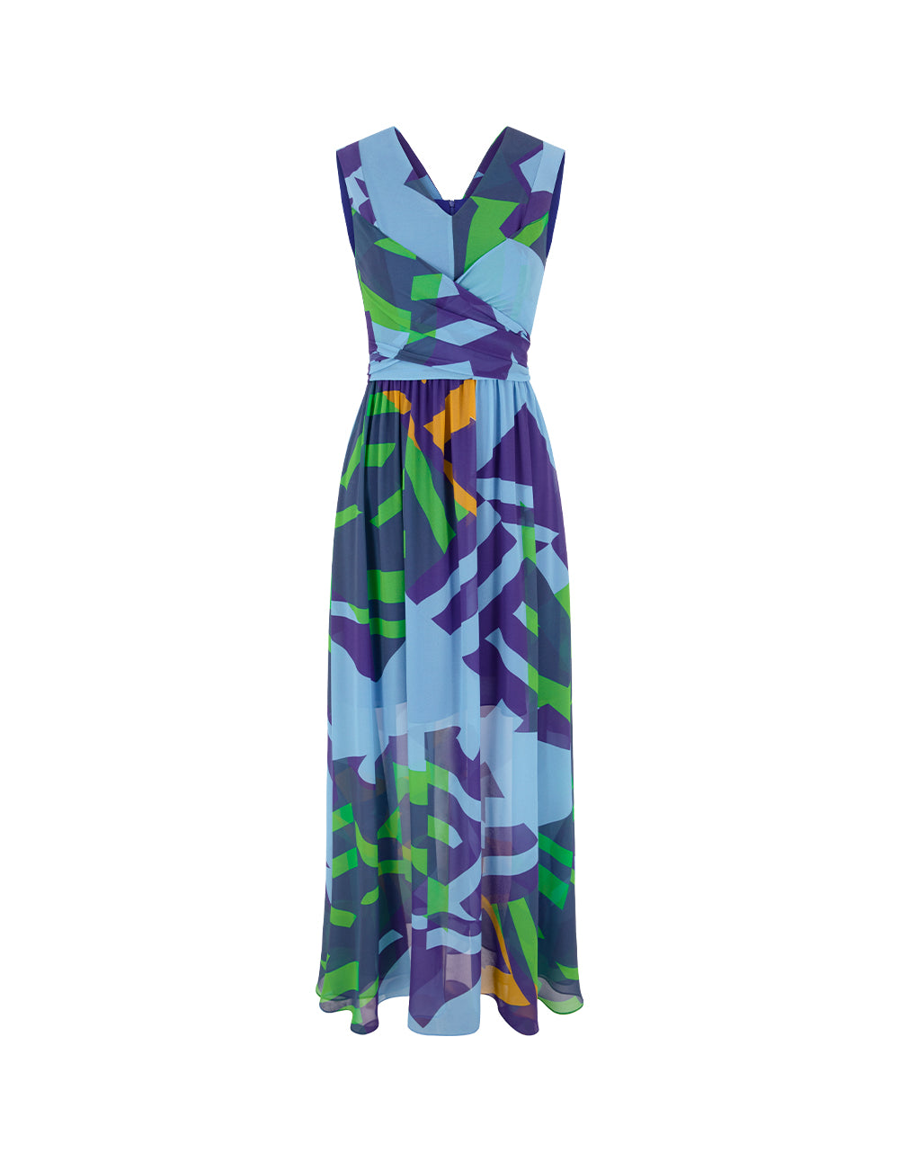 MARYLING V-Neck Sleeveless Blue Green Patchwork Floral Pleated Midi Dress