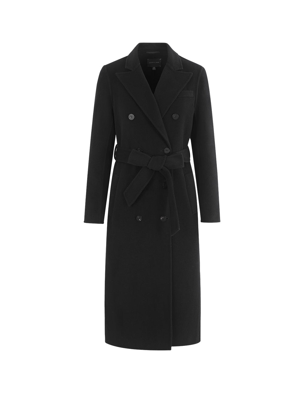 MARYLING Notched Lapel Structured Shoulder H-Line Double-Breasted Black Long Cashmere Coat