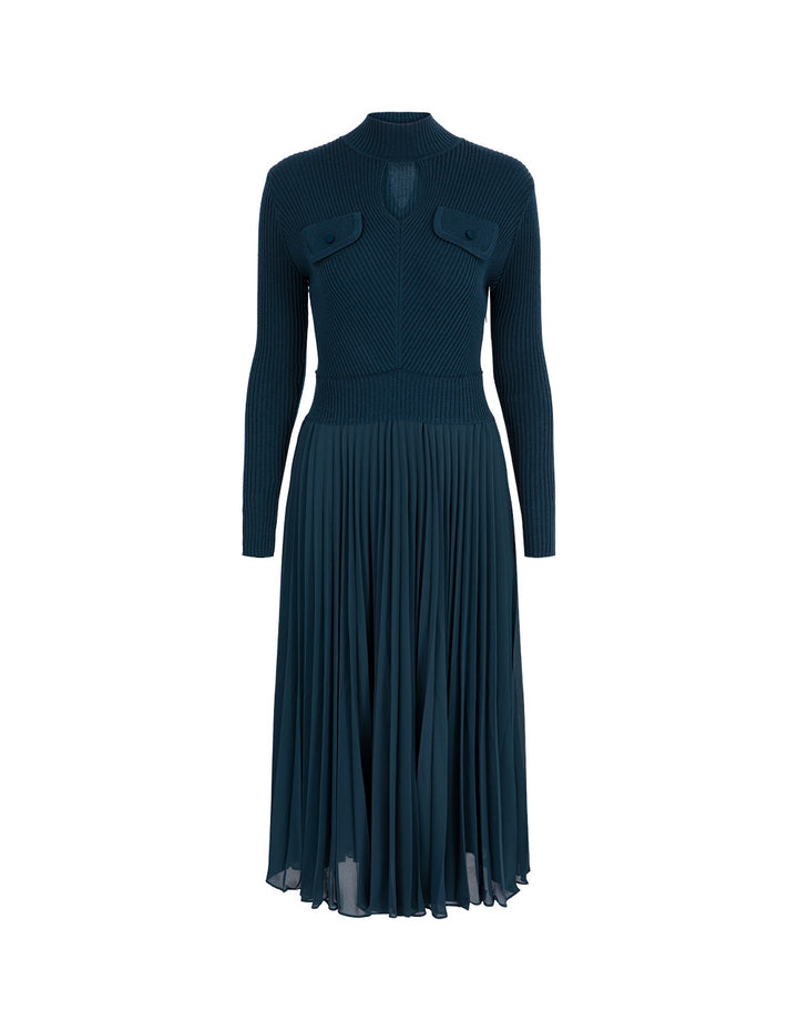 MARYLING High Collar Long Sleeve Knitted Patchwork Pleated Midi Peacock Green Dress