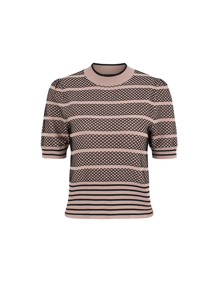 MARYLING Mock Neck Short Sleeve Lace Plaid Knit Pullover