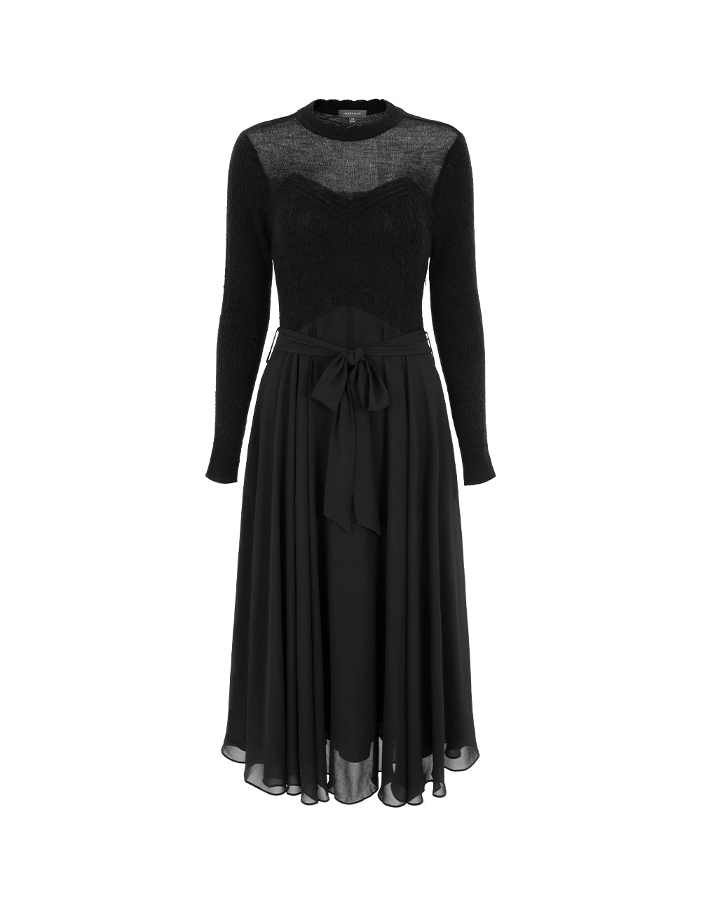 MARYLING Crew-Neck Long-Sleeve Empire Large-Hem Pleated Knitted Midi Dress