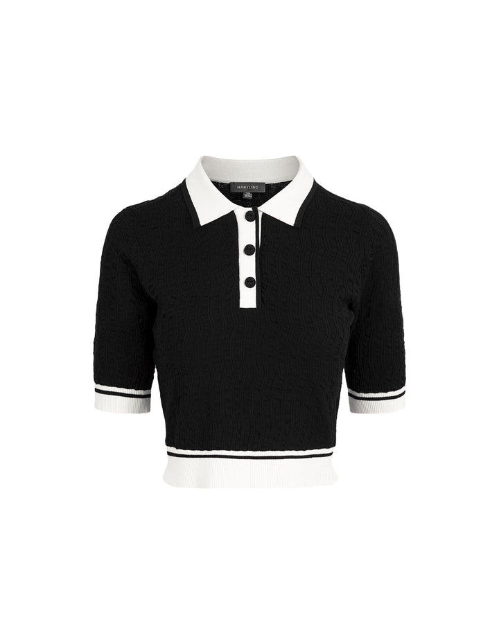 MARYLING Black And White Contrasting Short-Sleeved Polo Collar Knitted Pullover