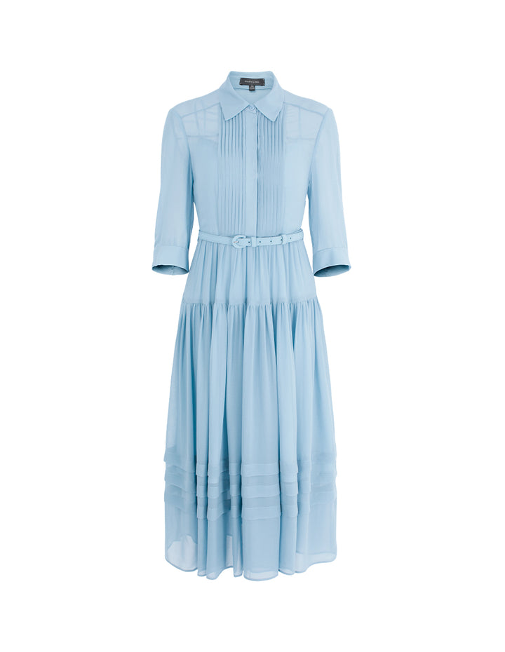 MARYLING Lapel Sheer Overlay Pin-Tuck Paneled Pleated Midi Shirt Dress