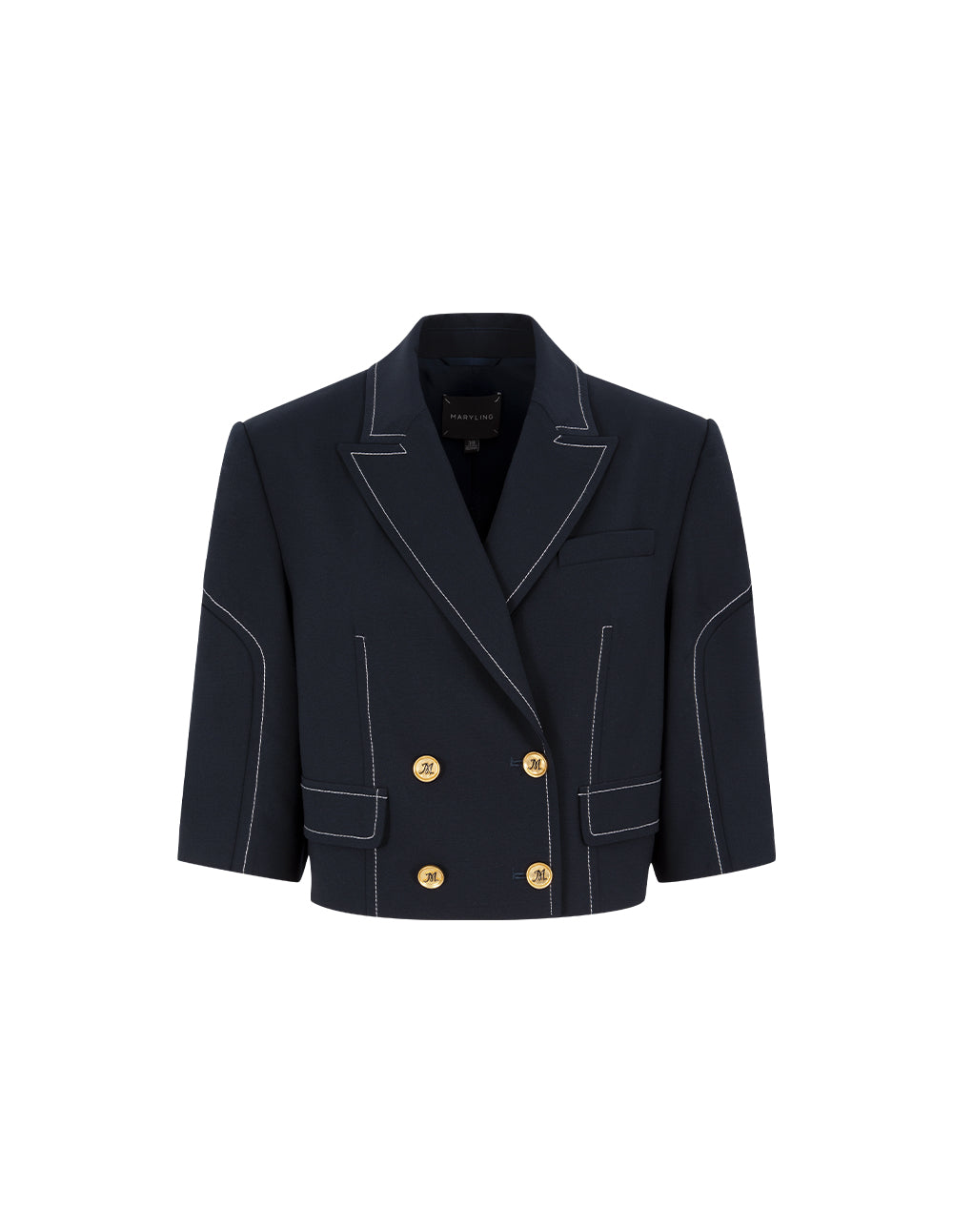 MARYLING Peaked Lapel Double-Breasted White Trim 3/4 Sleeve Jacket