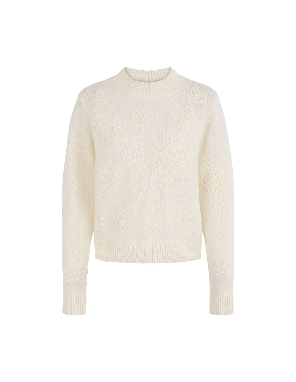 MARYLING Ribbed Round Neck Merino Wool Off-White Jacquard Pullover Sweater