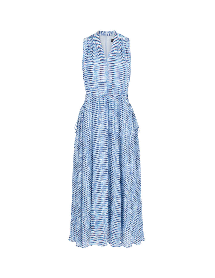 MARYLING V-Neck Belted Sleeveless Striped Pleated Midi Dress
