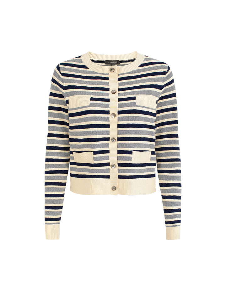 MARYLING Round Neck Long Sleeve Striped Mutil-Pockets Cardigan