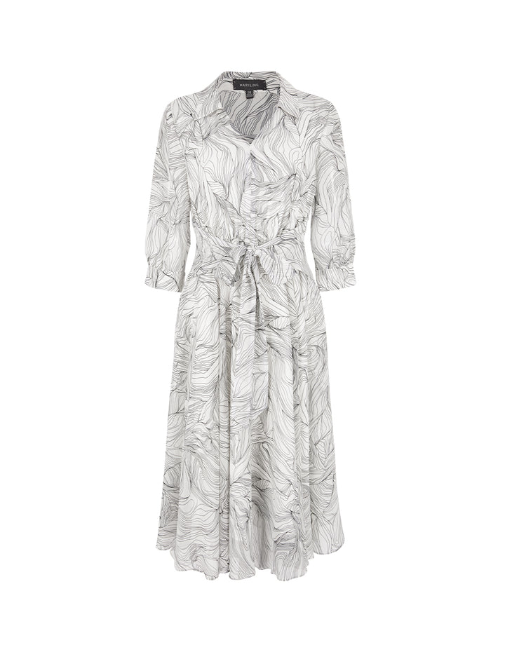 MARYLING Tie-up Lapel Black Stripe Printed Pleated Midi Dress