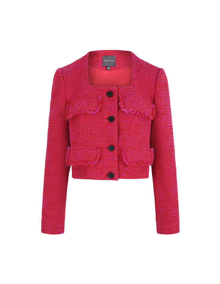 MARYLING Red Square Collar Short Tweed Jacket