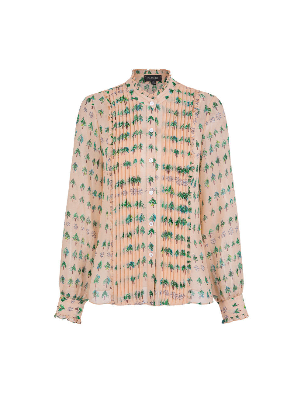 MARYLING Small Stand Collar Ruffle Tree-Printed Top