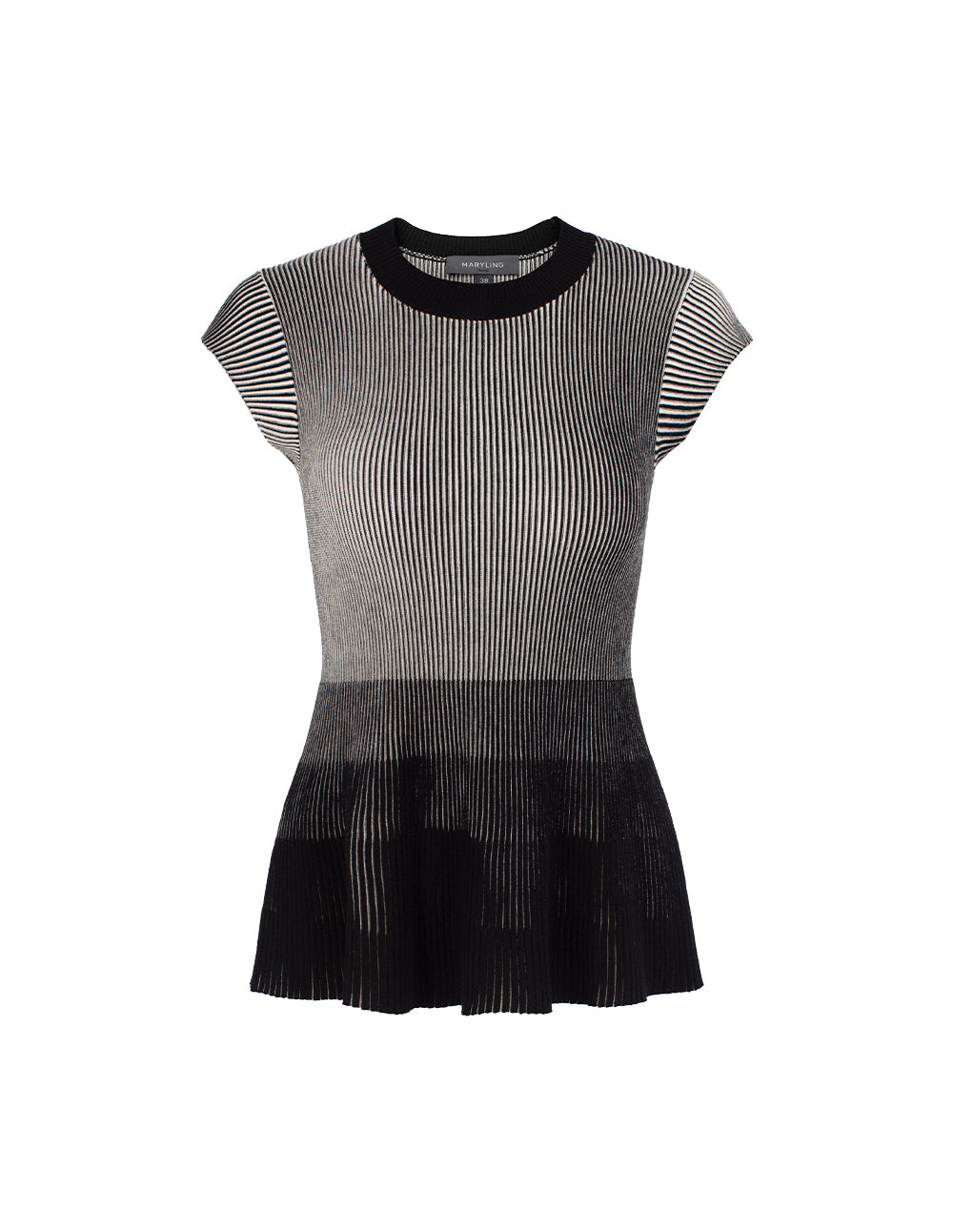 MARYLING Round Neck Short-Sleeve Black Striped Color Block Knit Top