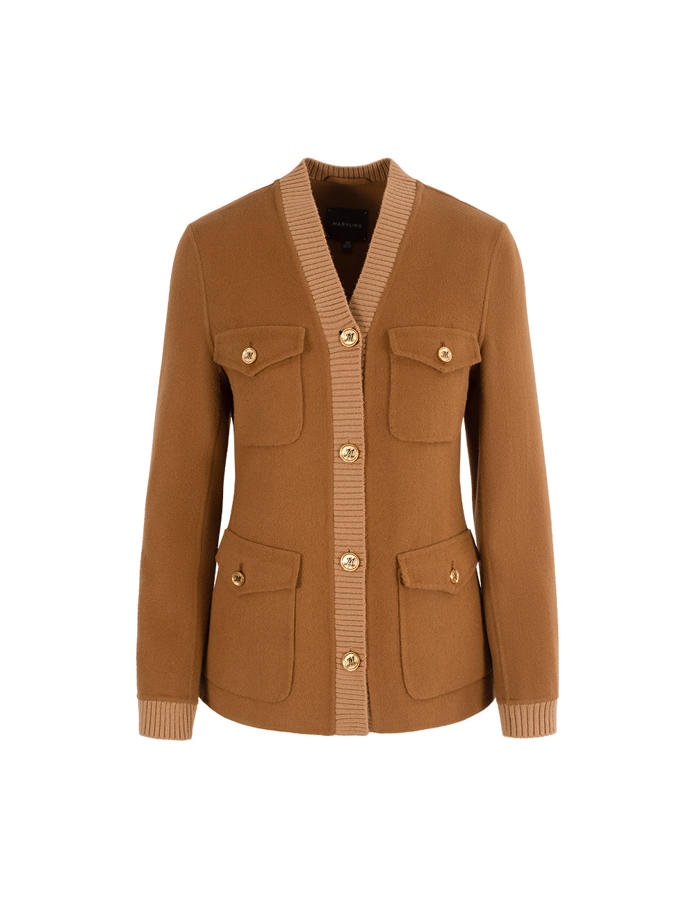 MARYLING V-Neck Long-Sleeve Multi-Pocket Short Wool Coat