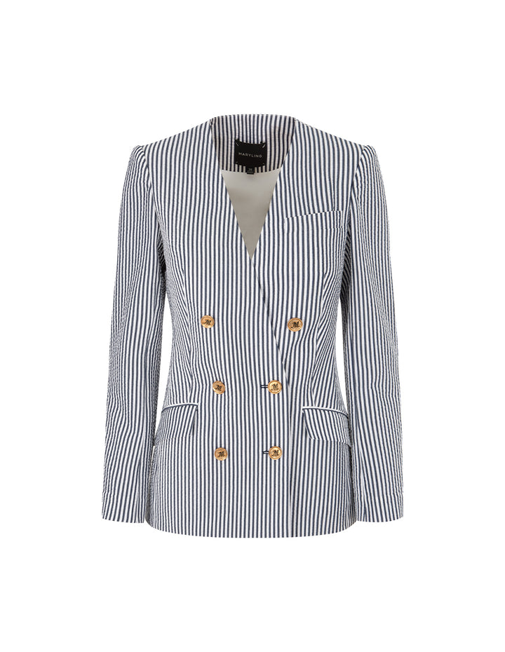 MARYLING V-Neck Long-Sleeve Double-Breasted Striped Wrap Blazer