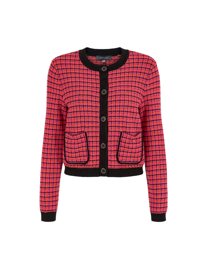 MARYLING Crew-Neck Plaid Long-Sleeve Cropped Tweed Knitted Cardigan