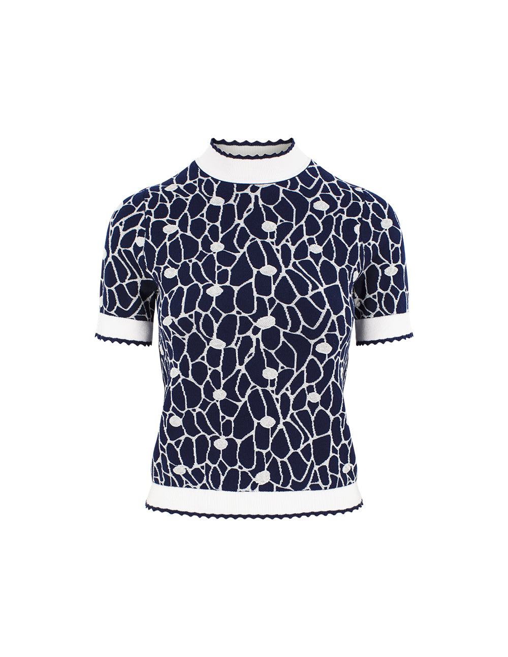 MARYLING Ruffled Half-Turtleneck Short-Sleeved Glass Bead Print Knit Pullover