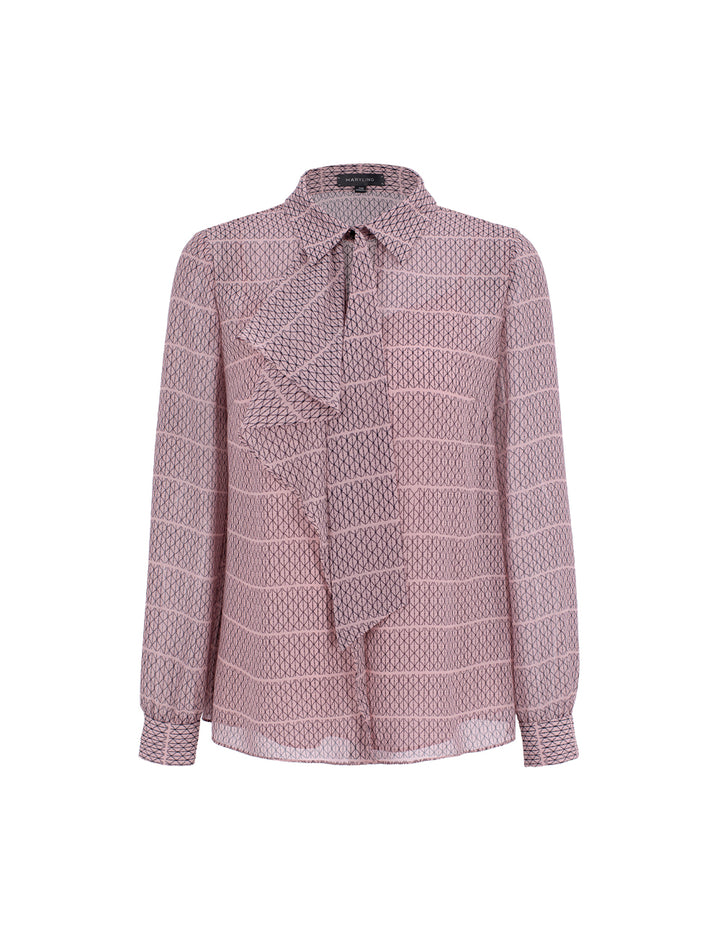 MARYLING Lapel Bow-Tie Long Sleeve Plaid Sheer Blouse