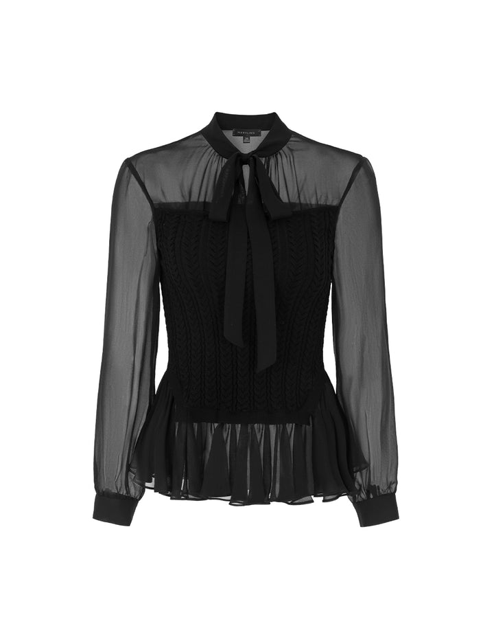 MARYLING Stand Tie Collar Long Sleeve Black Sheer Top