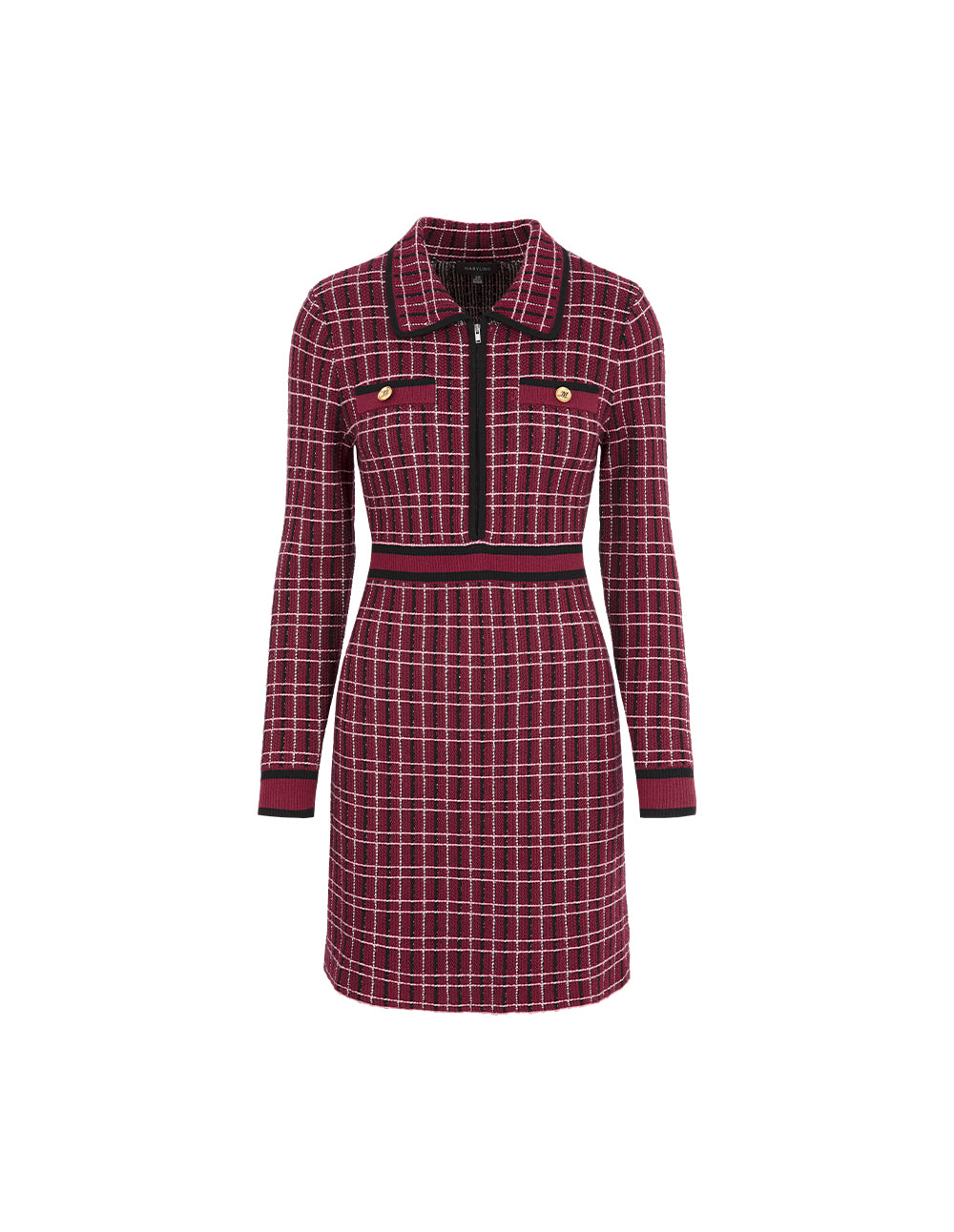 MARYLING Red & Black Plaid Long-Sleeve Imitation Tweed A-Line Knitted Midi Dress
