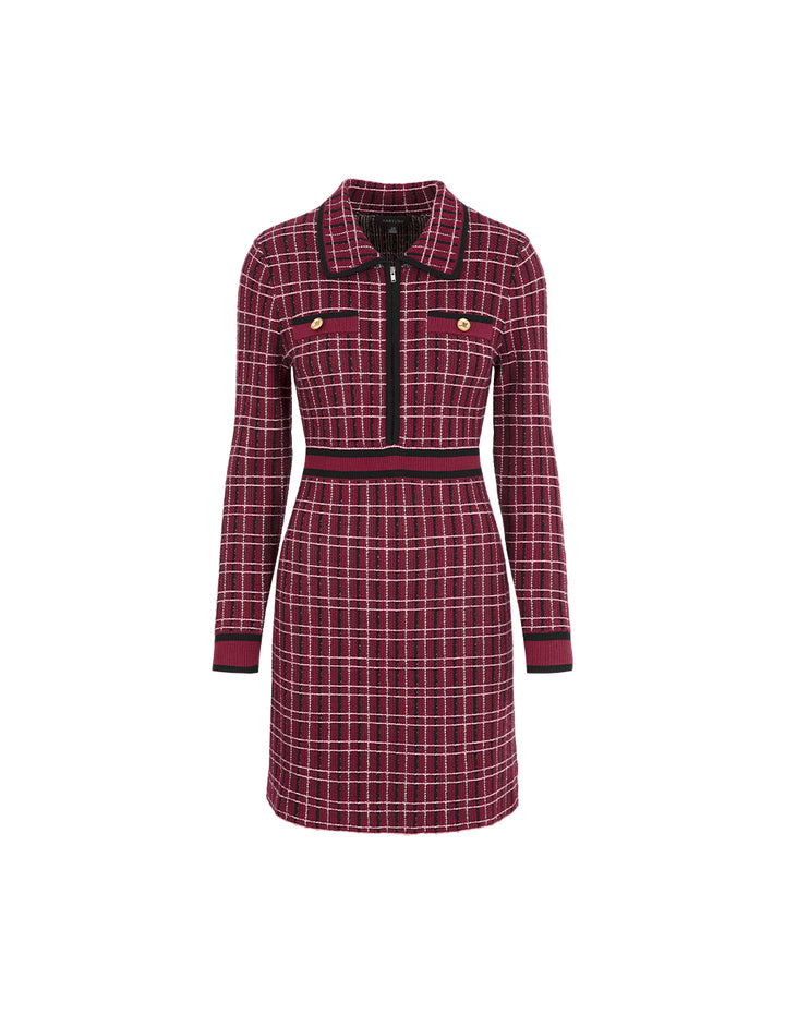 MARYLING Red & Black Plaid Long-Sleeve Imitation Tweed A-Line Knitted Midi Dress