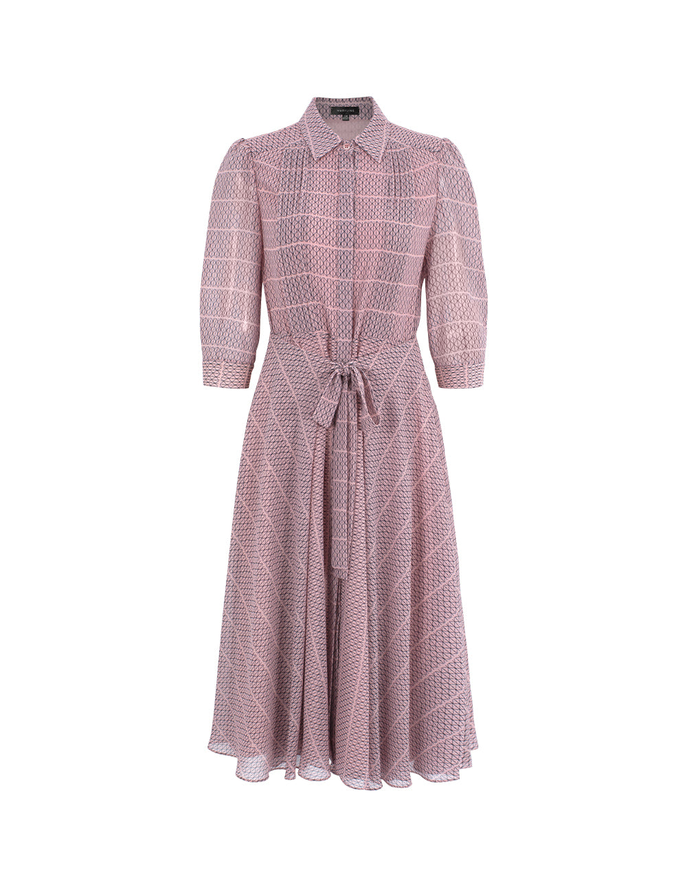 MARYLING Lapel Puff Long-Sleeve Pin Tuck Plaid with Tie Belt Pleated Midi Shirt Dress
